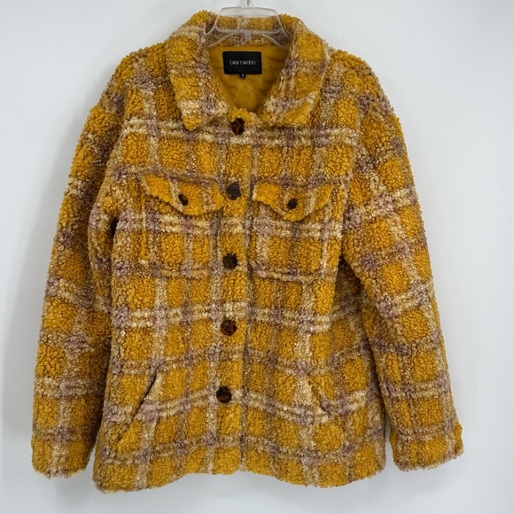Driftwood Ryan Plaid Sherpa Teddy Jacket Women’s Gold Size Medium Button Front - Picture 11 of 11